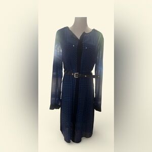 Michael Kors Blue Plaid Sheer Belted Dress with zipper shoulder detail
